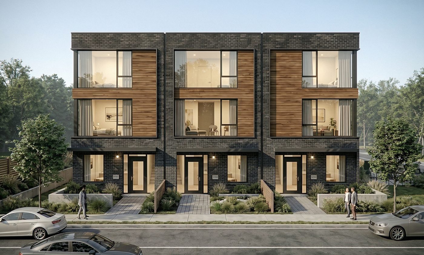 Rendering of the 12-unit concept: a three-storey row of stacked townhouses in dark brick with timber panelling, each home with its own entrance onto the street.