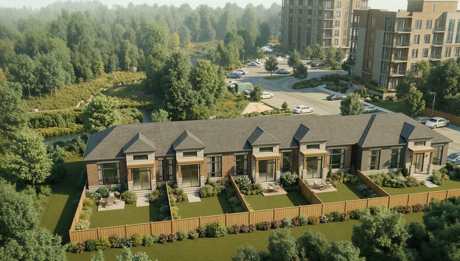 Rendering of a row of single-storey bungalow townhomes at Ingersoll, each with a private fenced garden, backing onto woodland.