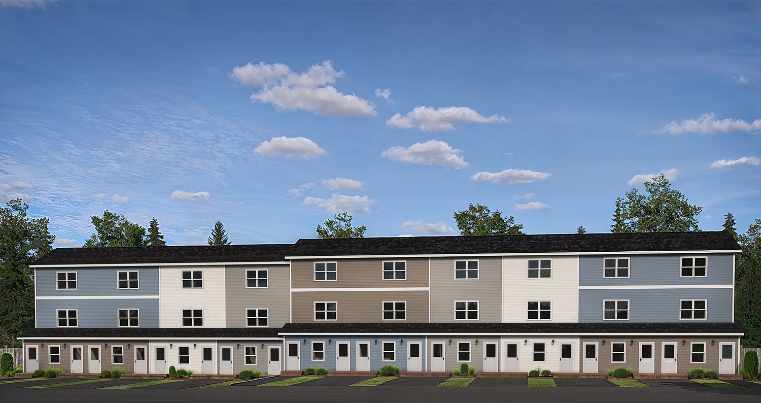 Rendering of the Roxbury Drive stacked townhouses: a three-storey block with ground-floor entries to each home and varied siding in blue, grey, taupe and white.